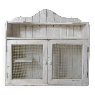 old grocery store wall shelf in vintage patinated painted wood