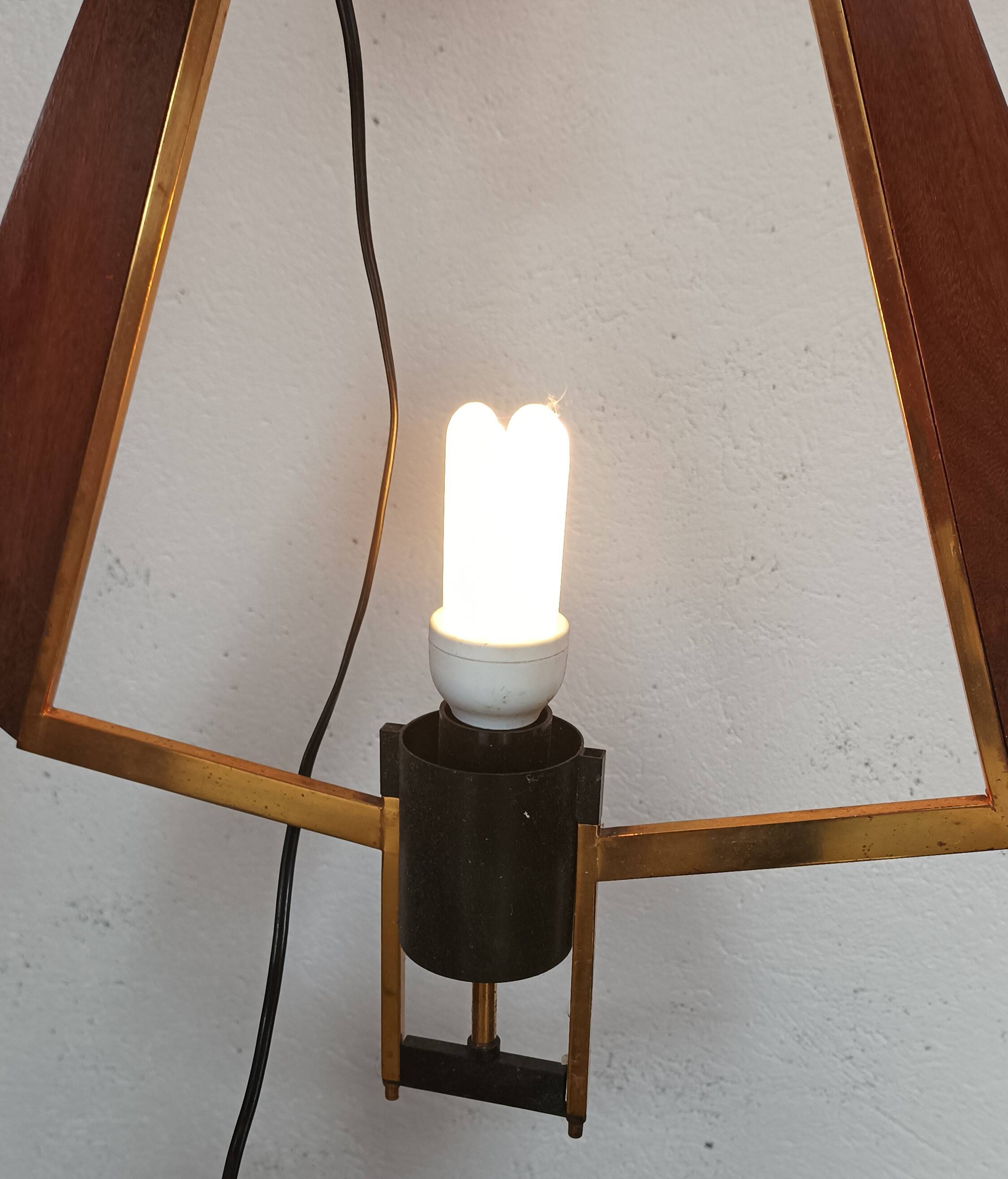 Teak, brass and opaline pendant light, Italy 1960