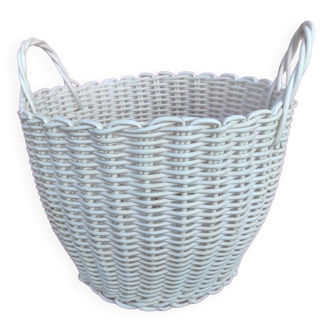 White plastic wire pot cover with 2 vintage handles