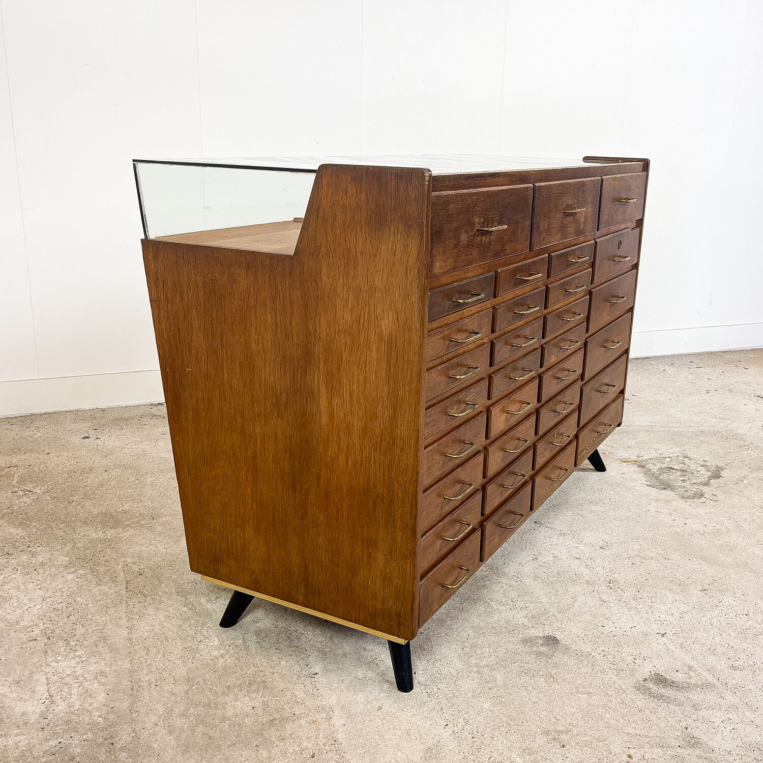 Vintage oak shop jewellery display counter with drawers