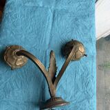 Double wall light in gold brass metal, vintage leaf pattern