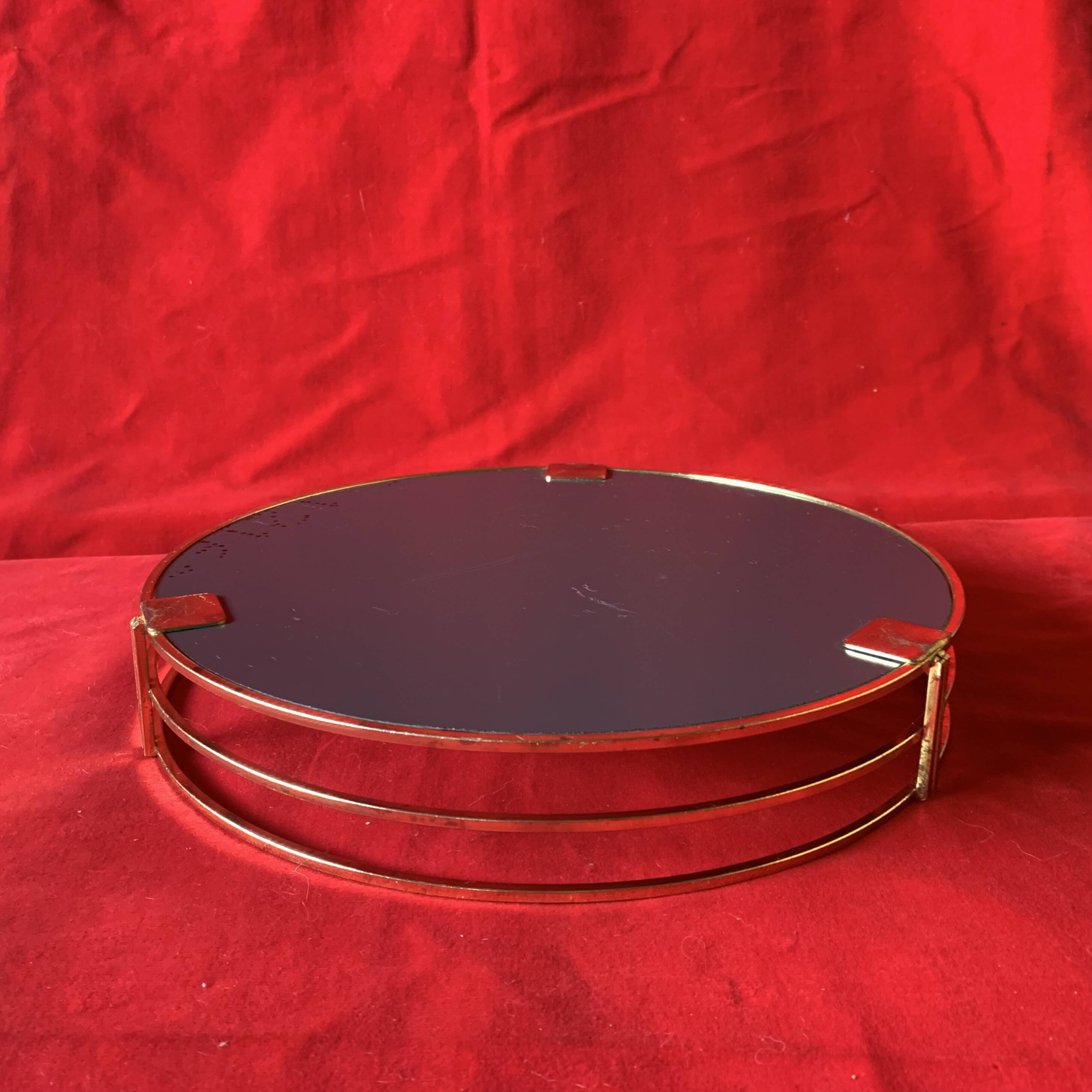 Vintage round tray in gold metal and mirror