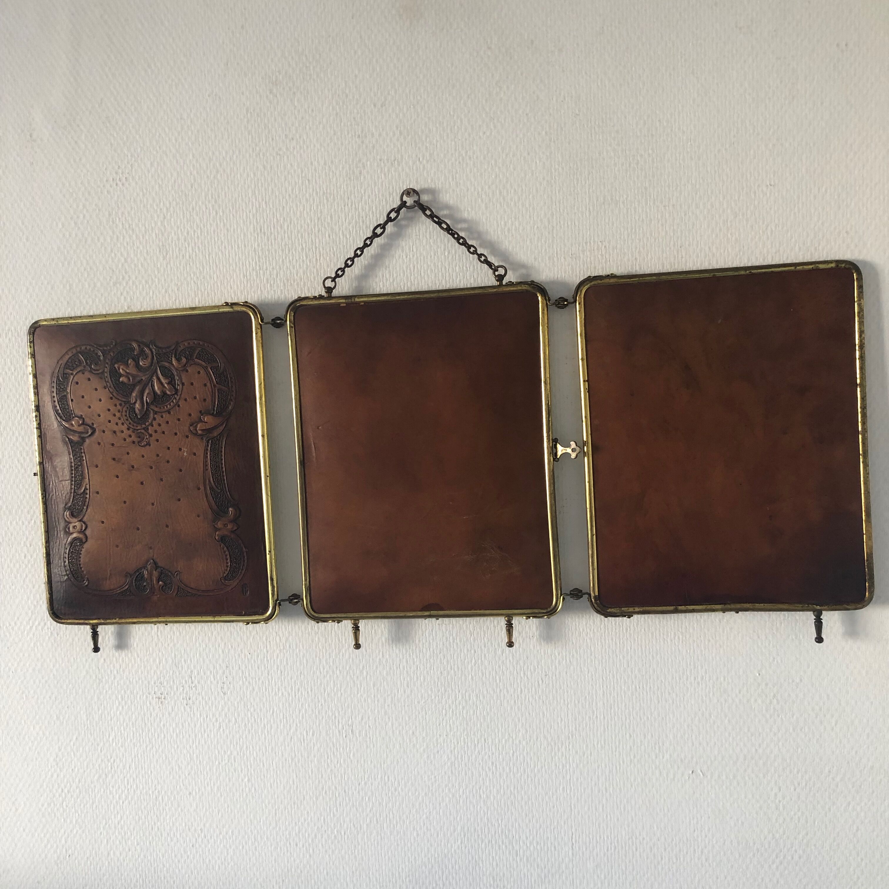 Mirror triptych barber gilded vintage leather 1930 - 33 x 79cm