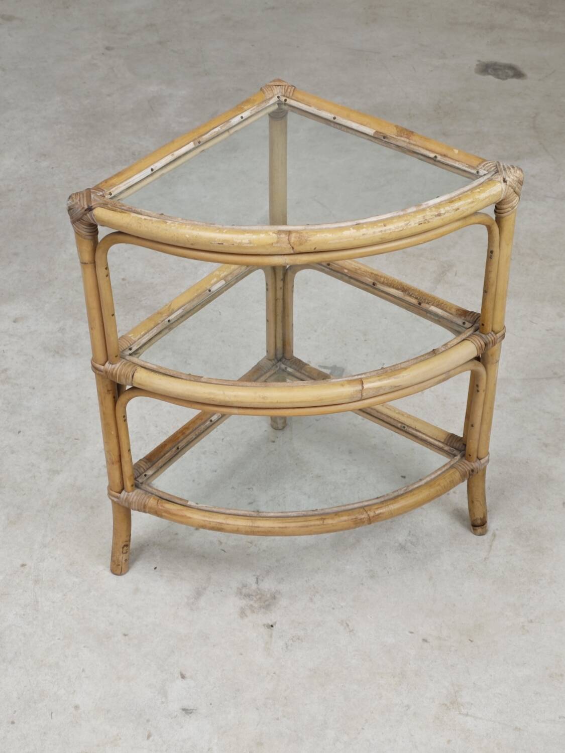 Rattan and glass corner shelf 1970