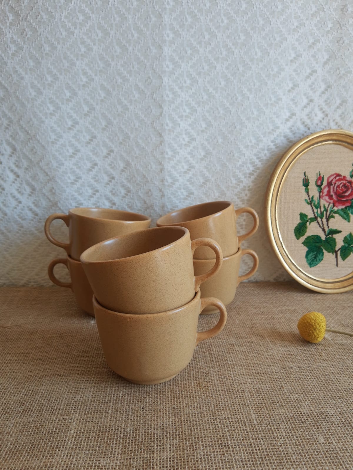 Set 6 coffee cups in sarreguemines sandstone france vintage