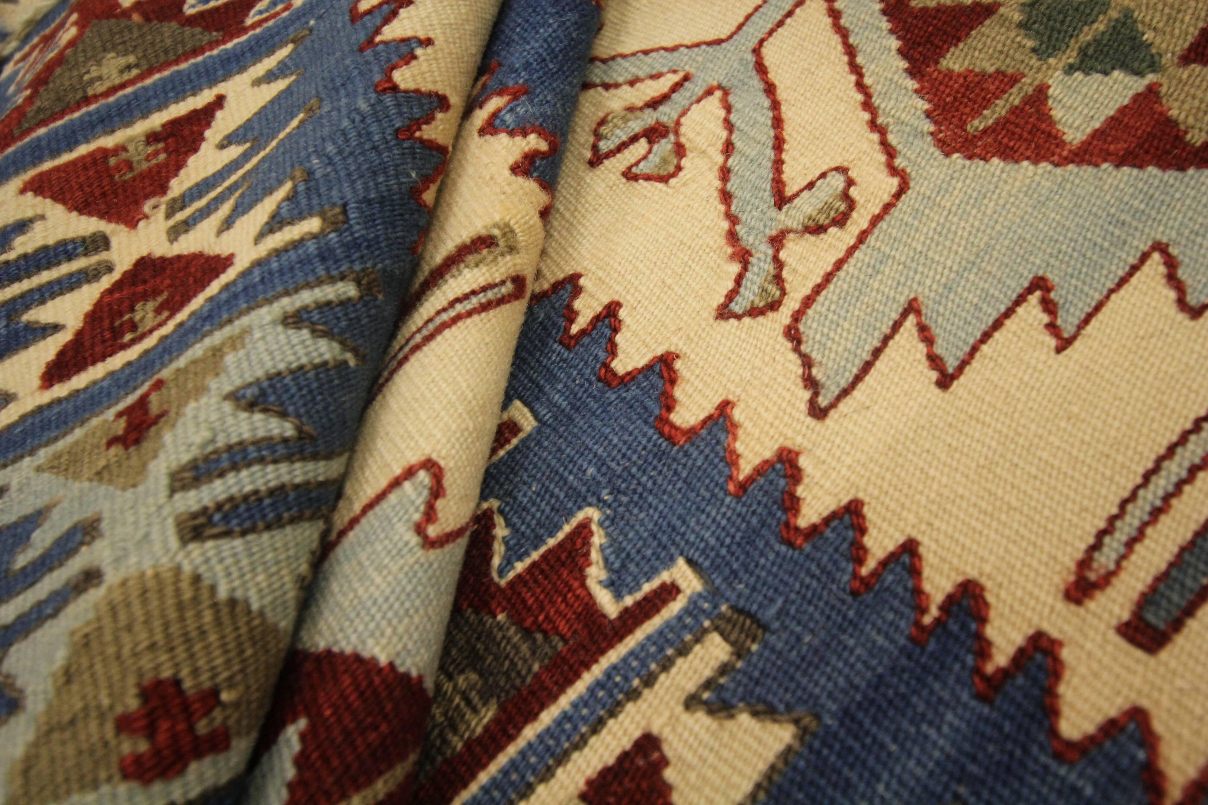 Turkish Antique Kilim Runner Blue Geometric Tribal Hallway Rug 90 x 142 cm