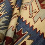 Turkish Antique Kilim Runner Blue Geometric Tribal Hallway Rug 90 x 142 cm
