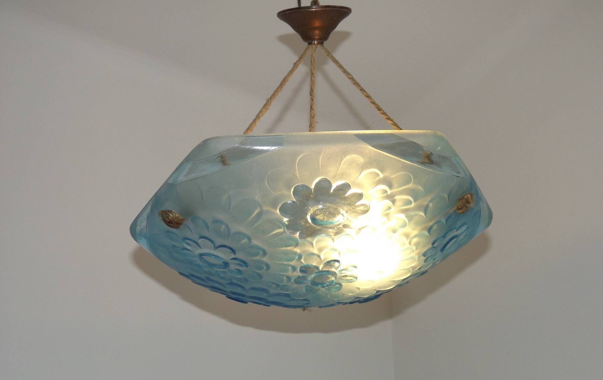 French Art Deco Degué Ice Blue Hexagonal Glass Pendant Ceiling Light