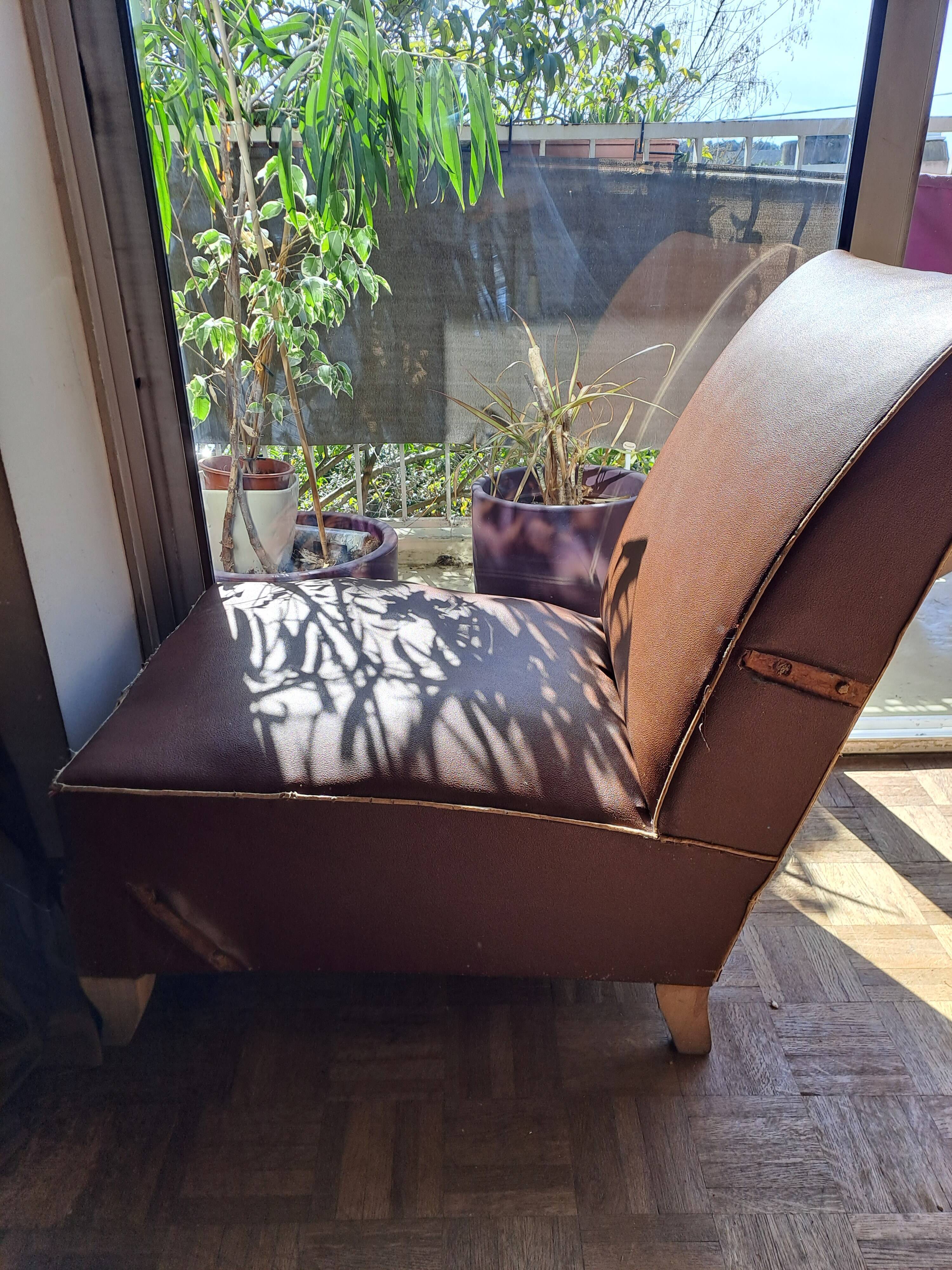 Fauteuil cuir art déco 1930 base bois