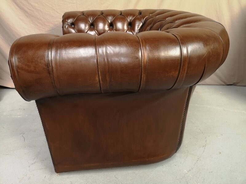 Pair of Chesterfield brown leather armchairs