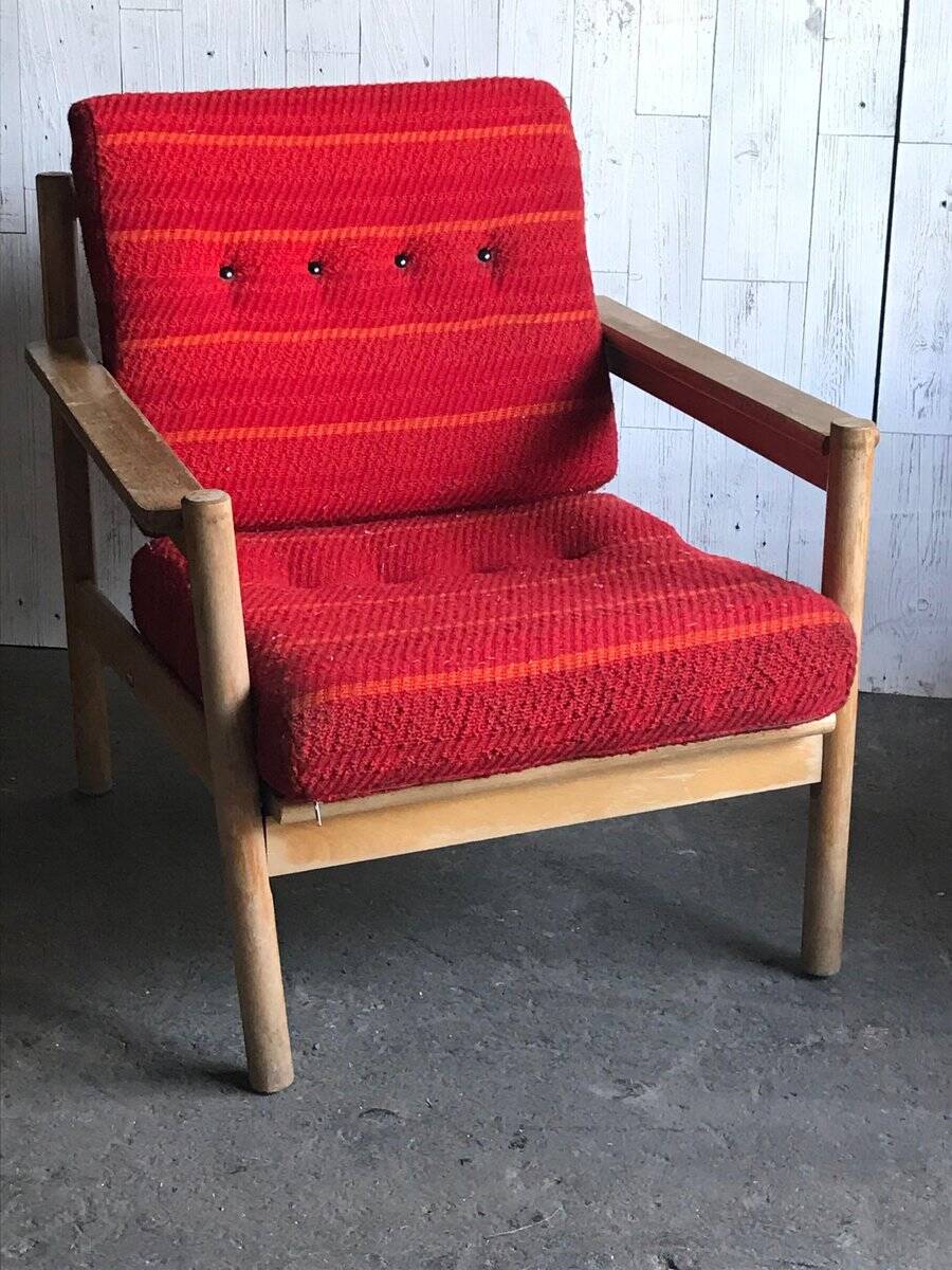 Set of mid-century red upholstered armchairs, 1960s Danish style.