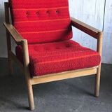Set of mid-century red upholstered armchairs, 1960s Danish style.