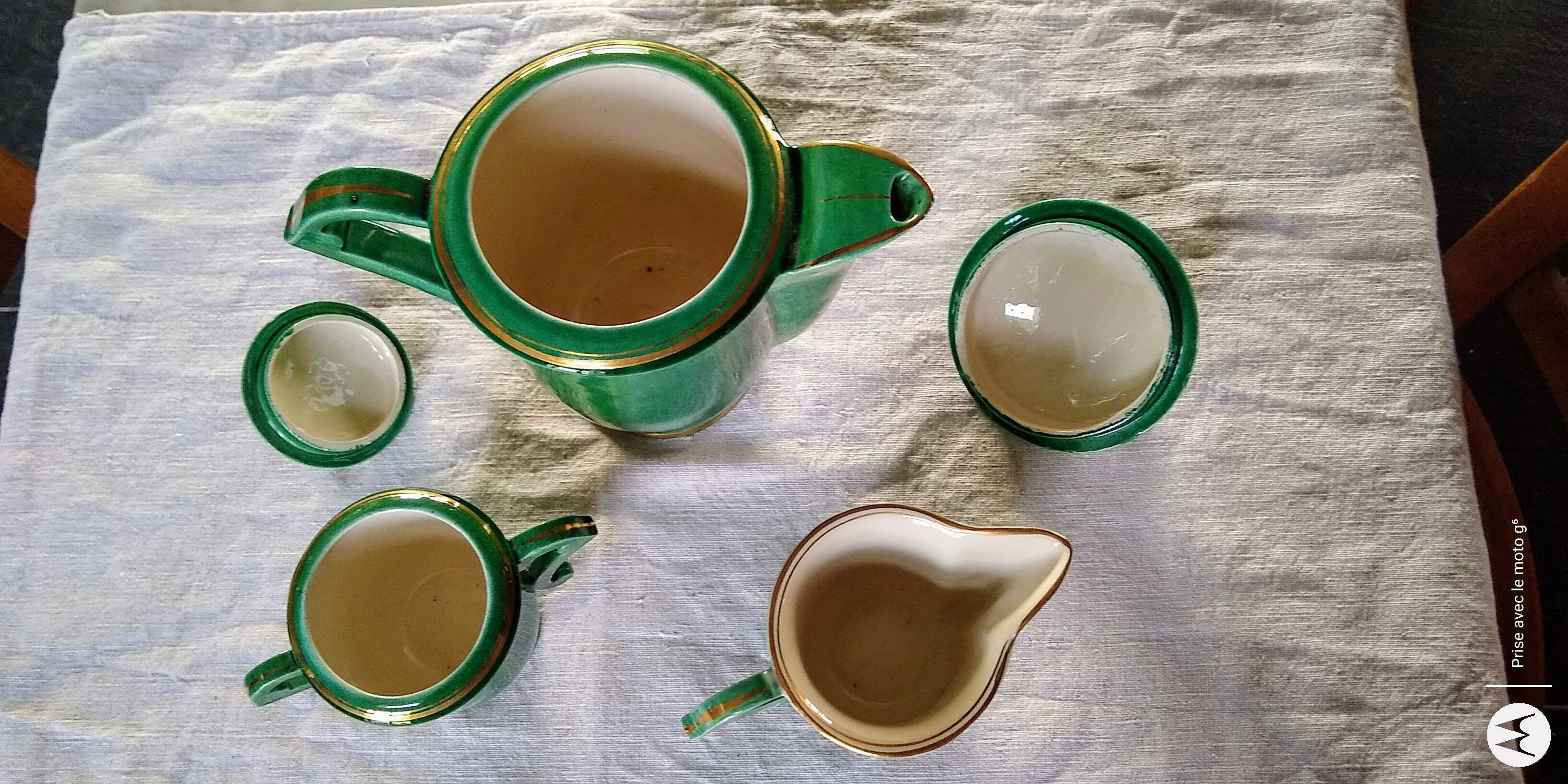 Coffee / tea maker, milk jug and Art Deco sugar bowl in green color