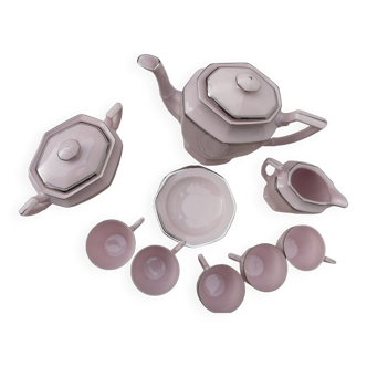 Coffee service, art deco tea, powder pink and silver stamped Czechoslovak porcelain