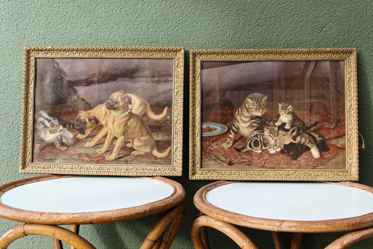 Pair of dog and cat chromolithographs, 19th century