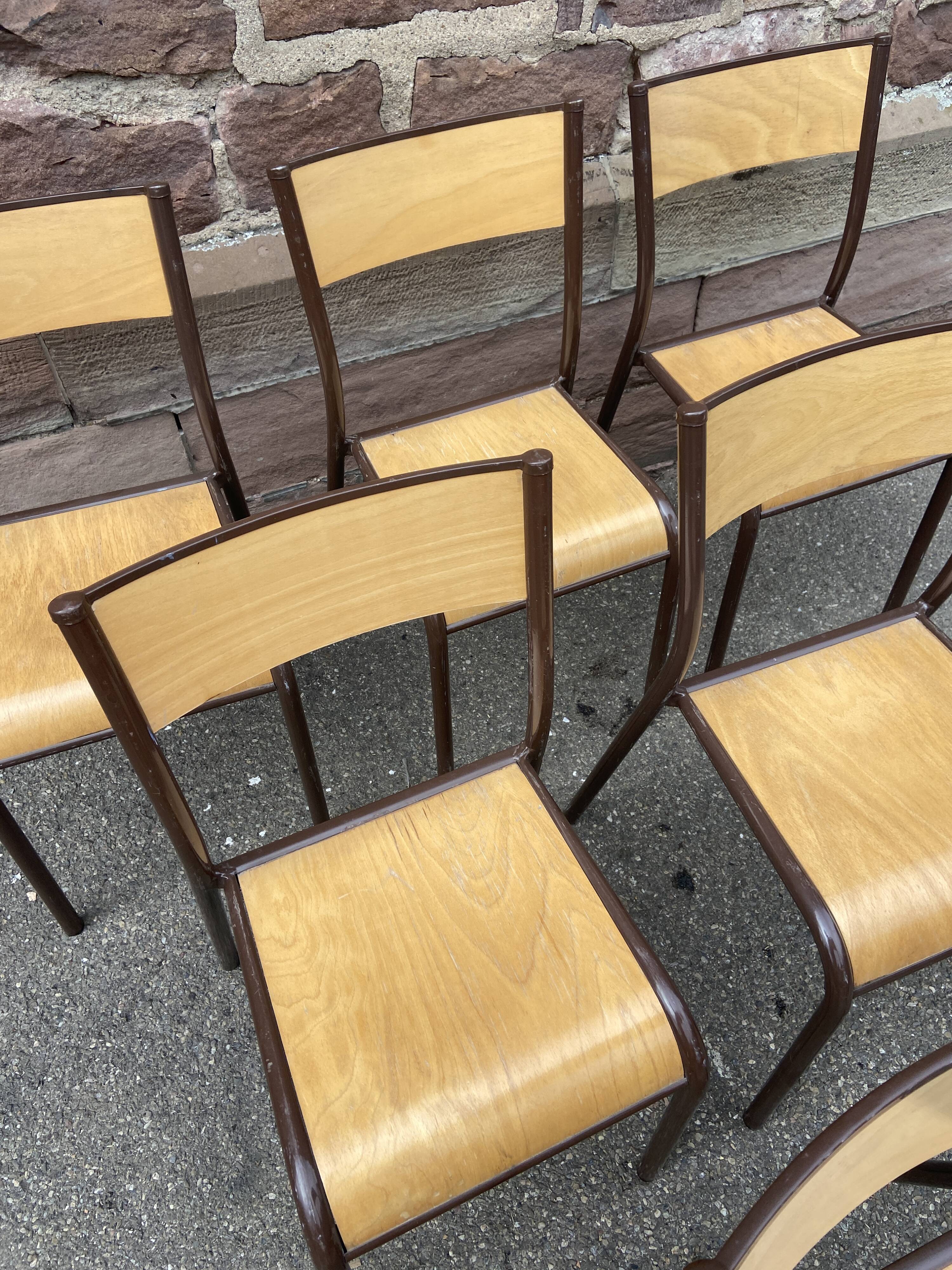 Set of 6 vintage industrial school chairs for communities mullca delagrave tube & wood