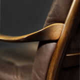 Vintage mid-century danish modern beech & brown leather armchair from farstrup møbler, 1970s