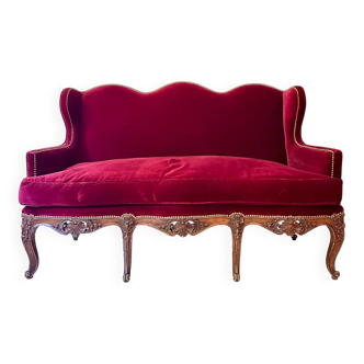 Canapé banquette vintage en velours rouge style Louis XV, 162cm
