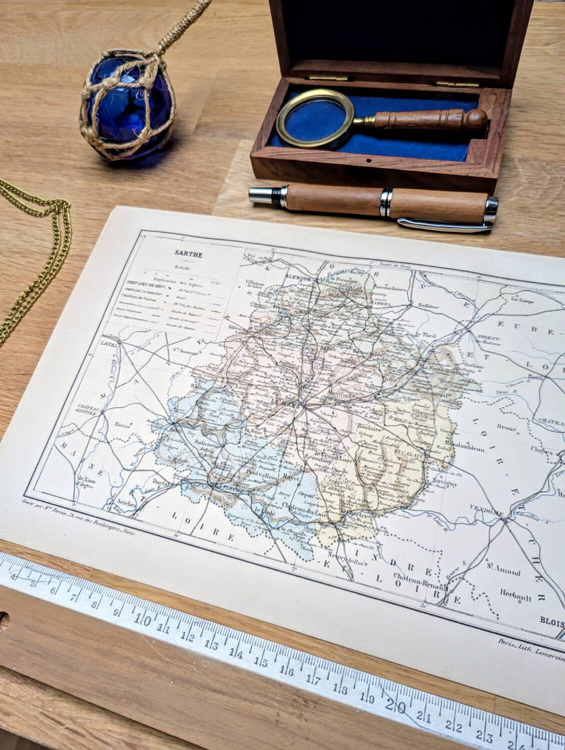 Printed in 1889, map of Sarthe. Authentic Vintage