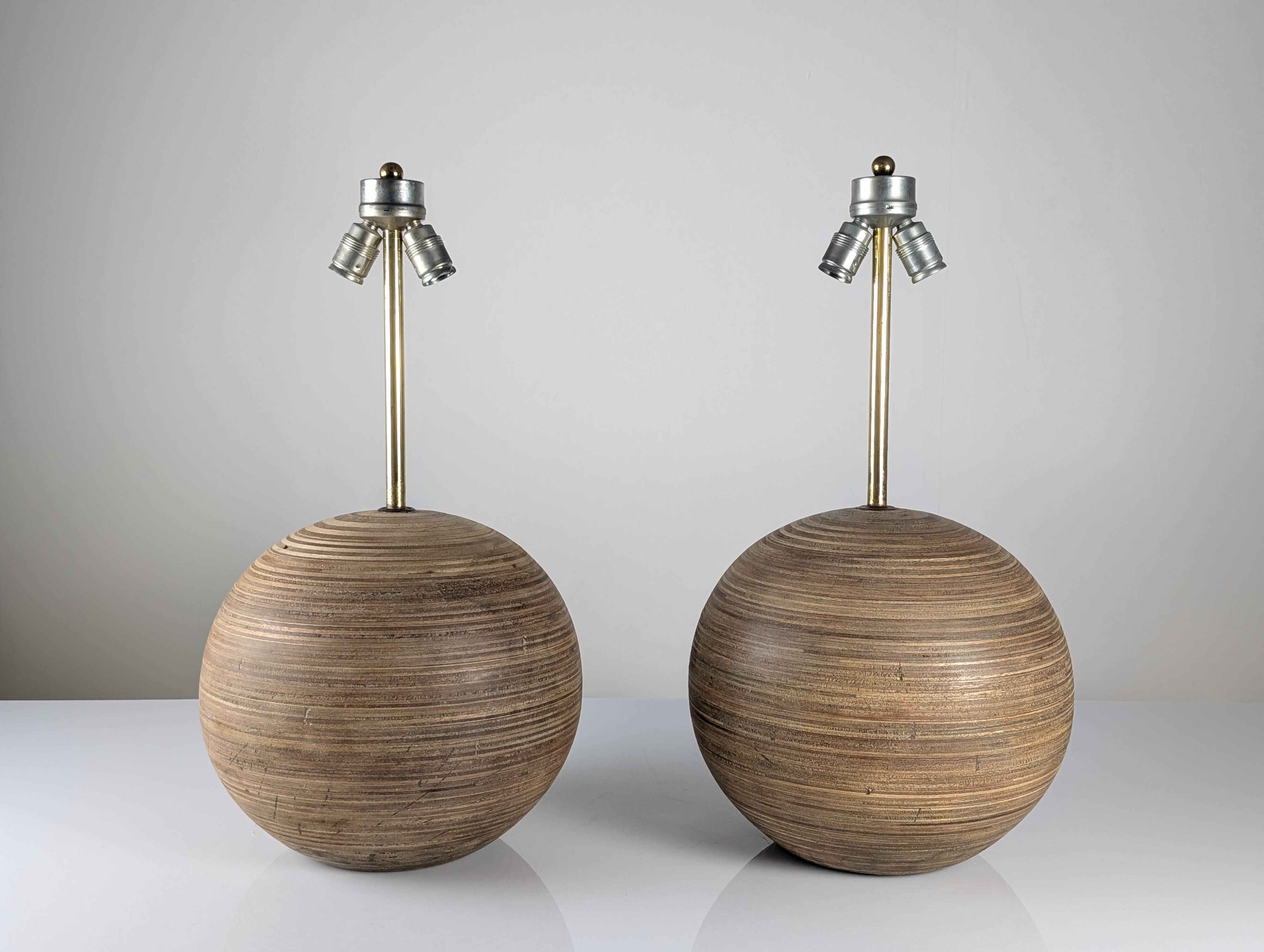 Pair of Large Table Lamps in Laminated Wood and Brass, 1960s