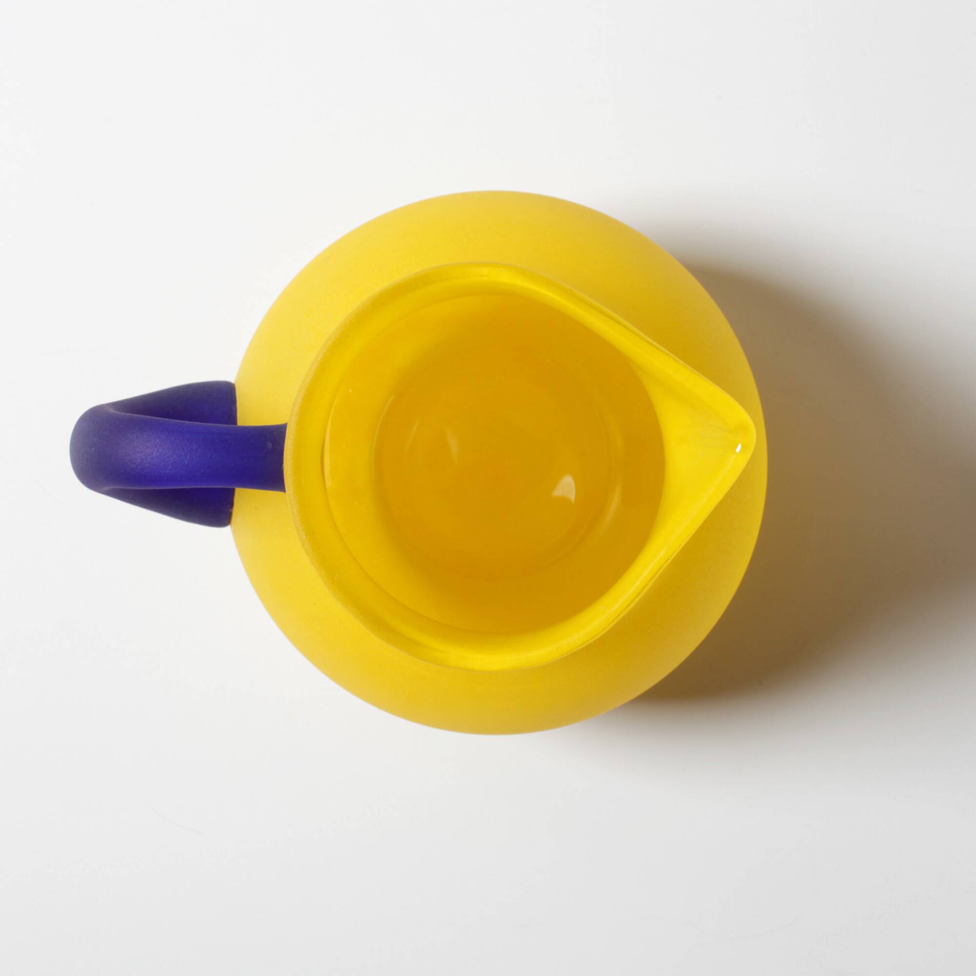 Small Vintage Frosted Glass Yellow and Blue Pitcher / Kosta Boda / Sweden /