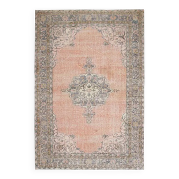 1970s Vintage Turkish Oushak Handmade Wool Cotton Pink Area Rug 210x308