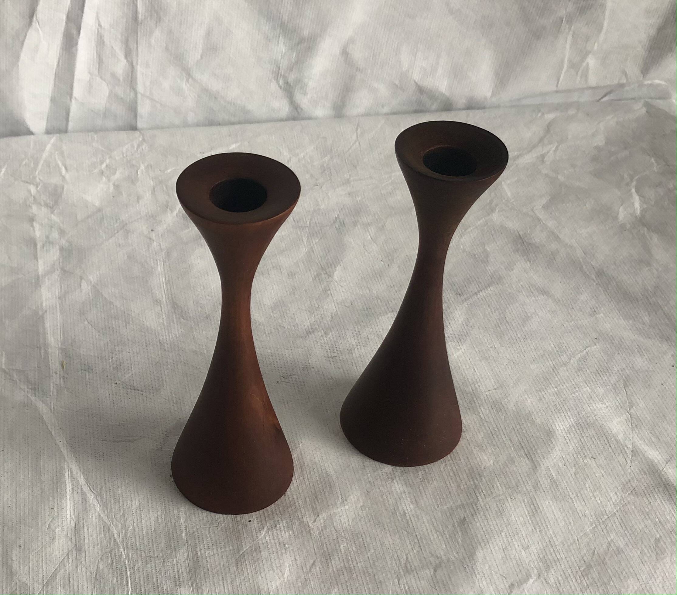 Pair of candlesticks in vintage stained birch wood, Scandinavian design