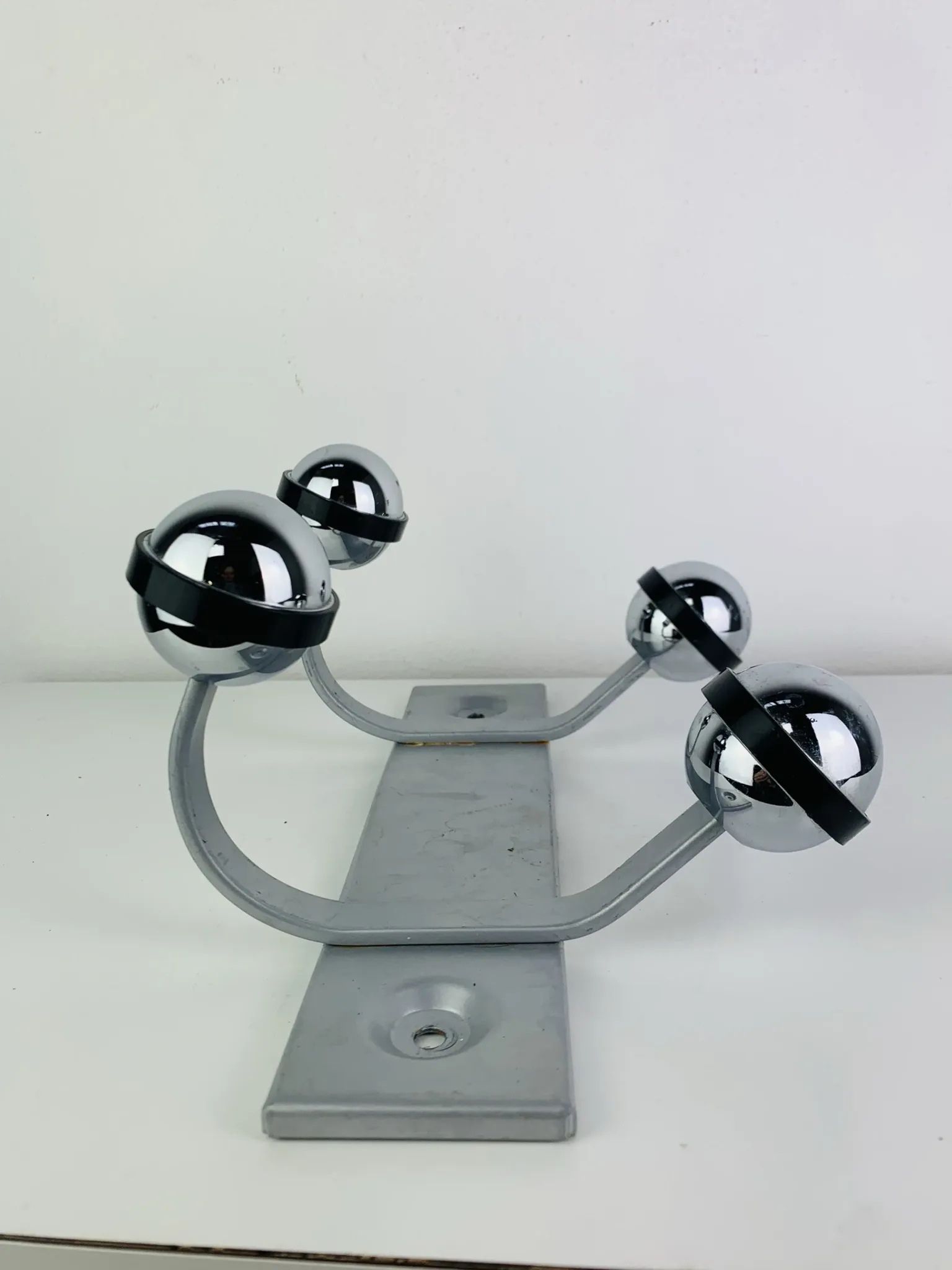 Wall-mounted coat rack, double chrome and grey metal hook, vintage