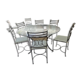 Lot table en verre et 10 chaises en fer forgé