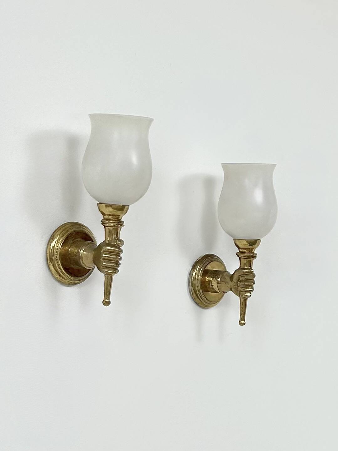Pair of vintage wall lights, Maison Jansen, brass and opaline, France, 1960.