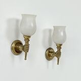 Pair of vintage wall lights, Maison Jansen, brass and opaline, France, 1960.