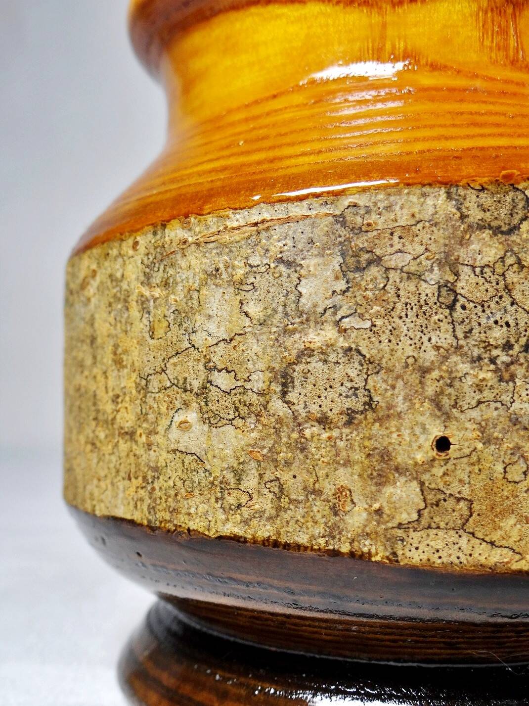 Small turned wooden vase, Brutalist, two-tone varnished with bark