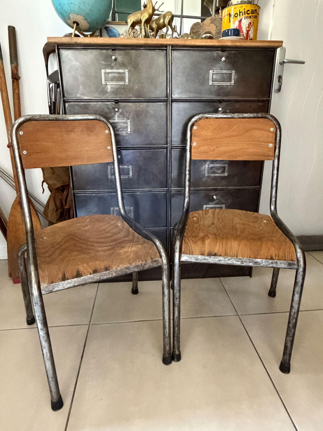Pair of vintage adult school chairs in patinated metal