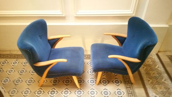 Paire de fauteuils scandinave wing Zig Zag années 50 bleus