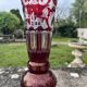 Ruby red crystal vase with peacock castle engraving - Bohemian style