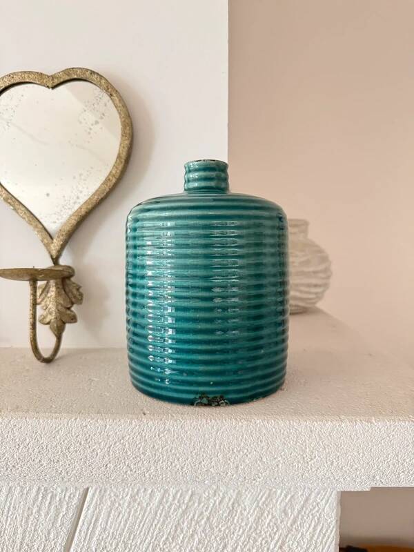 Duck blue ribbed glazed ceramic bottle vase – Mid-Century style