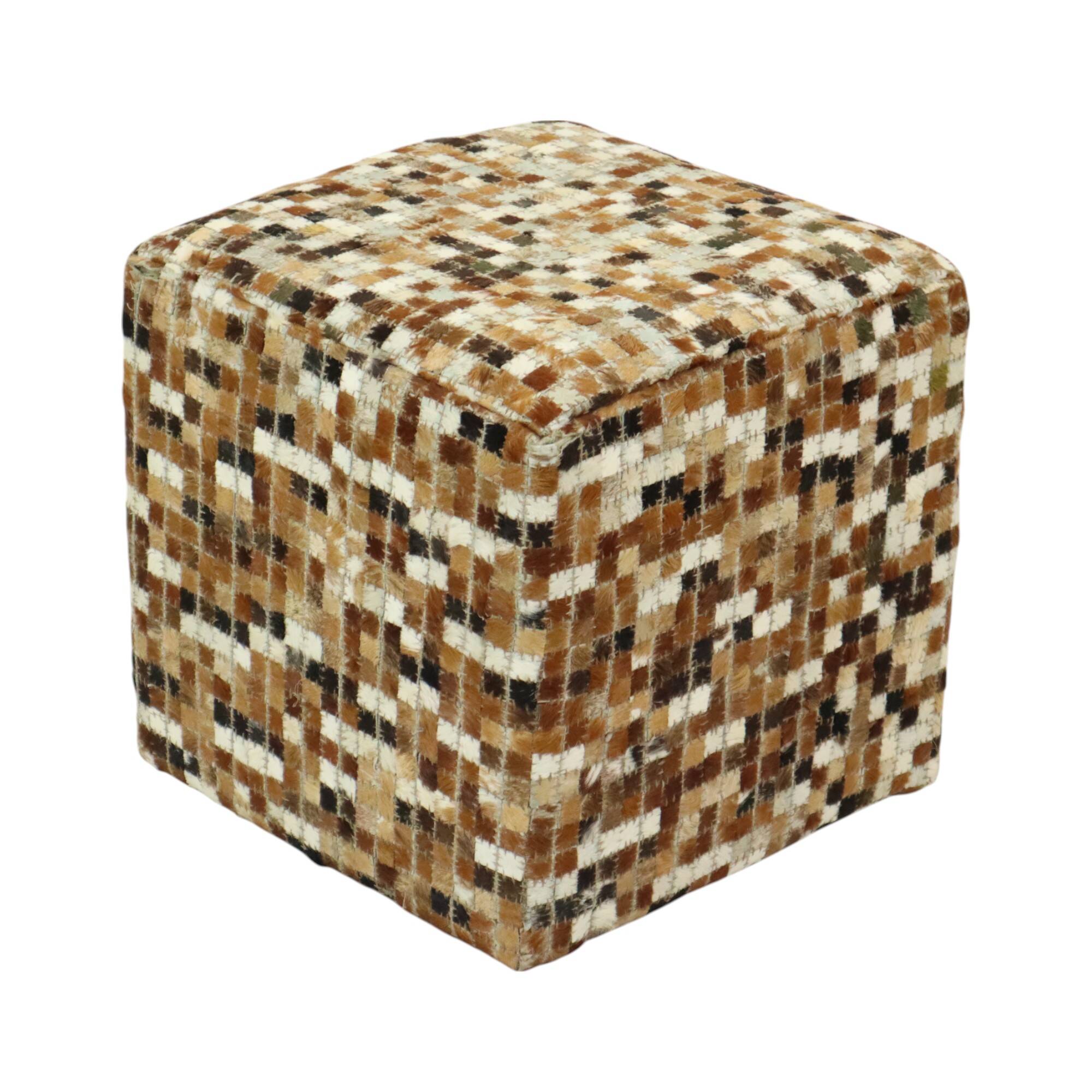 Vintage Square Pouf Goat Leather Patchwork Mosaic Pattern