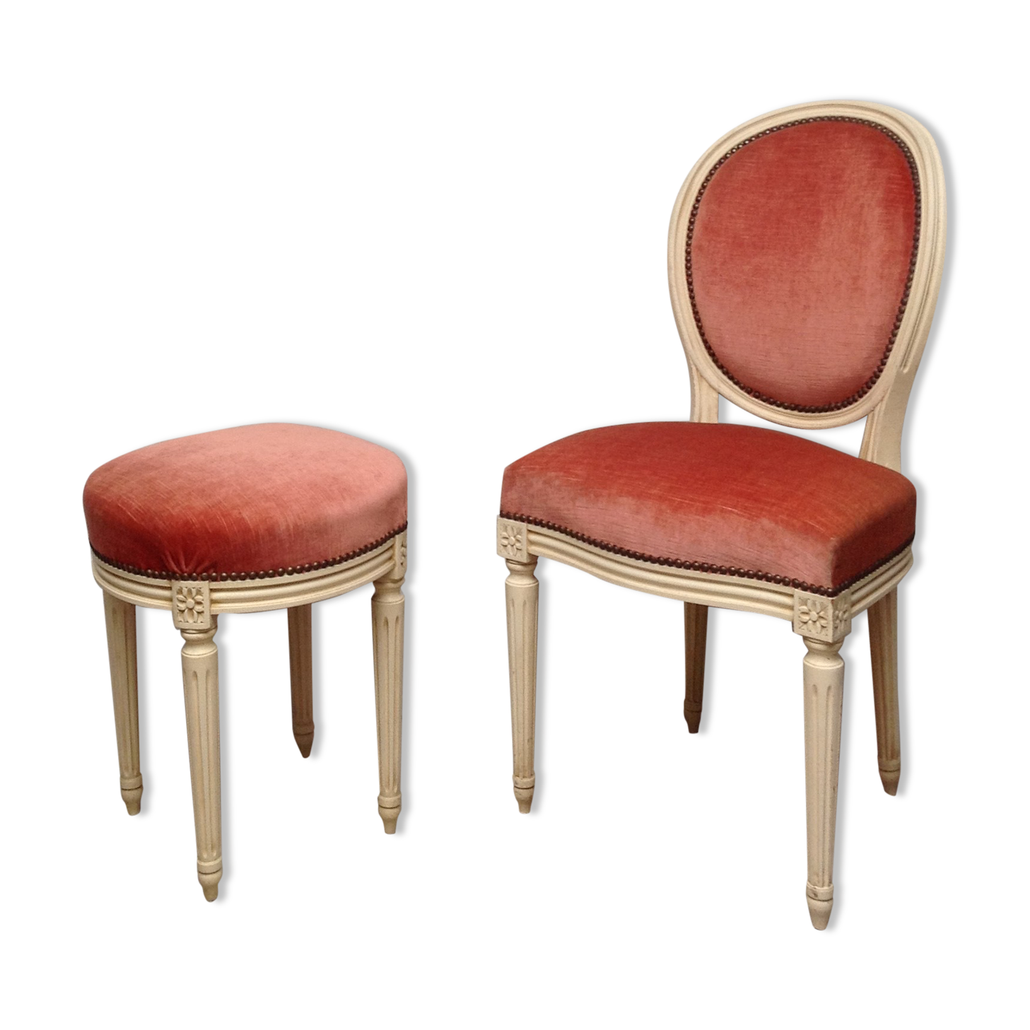 Chaise médaillon et tabouret velours style Louis XVI