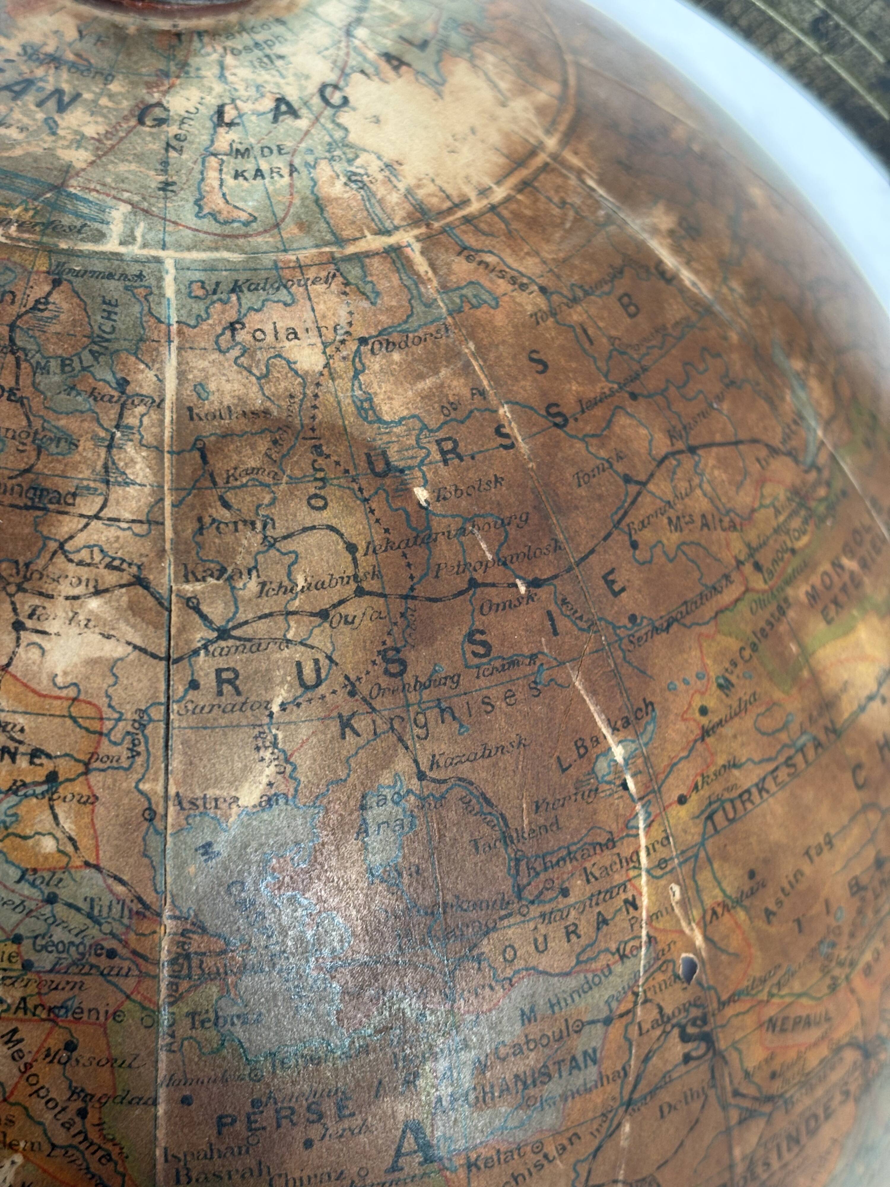 Vintage 1930 globe terrestrial Jacques Adnet world map J. Forest glass wood -