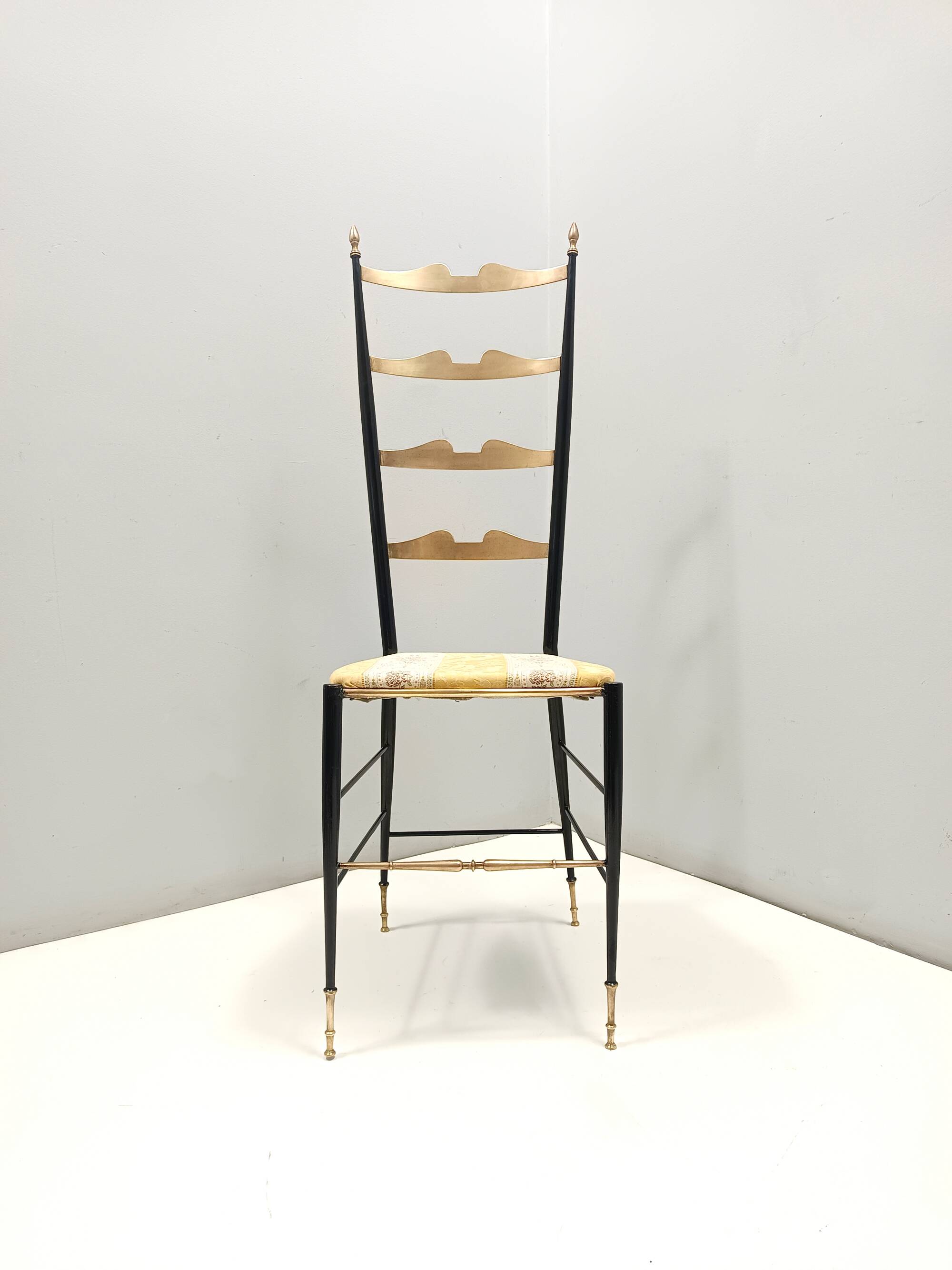 Pair of Vintage Brass and Metal Chiavarine Chairs with Yellow Fabric, Italy