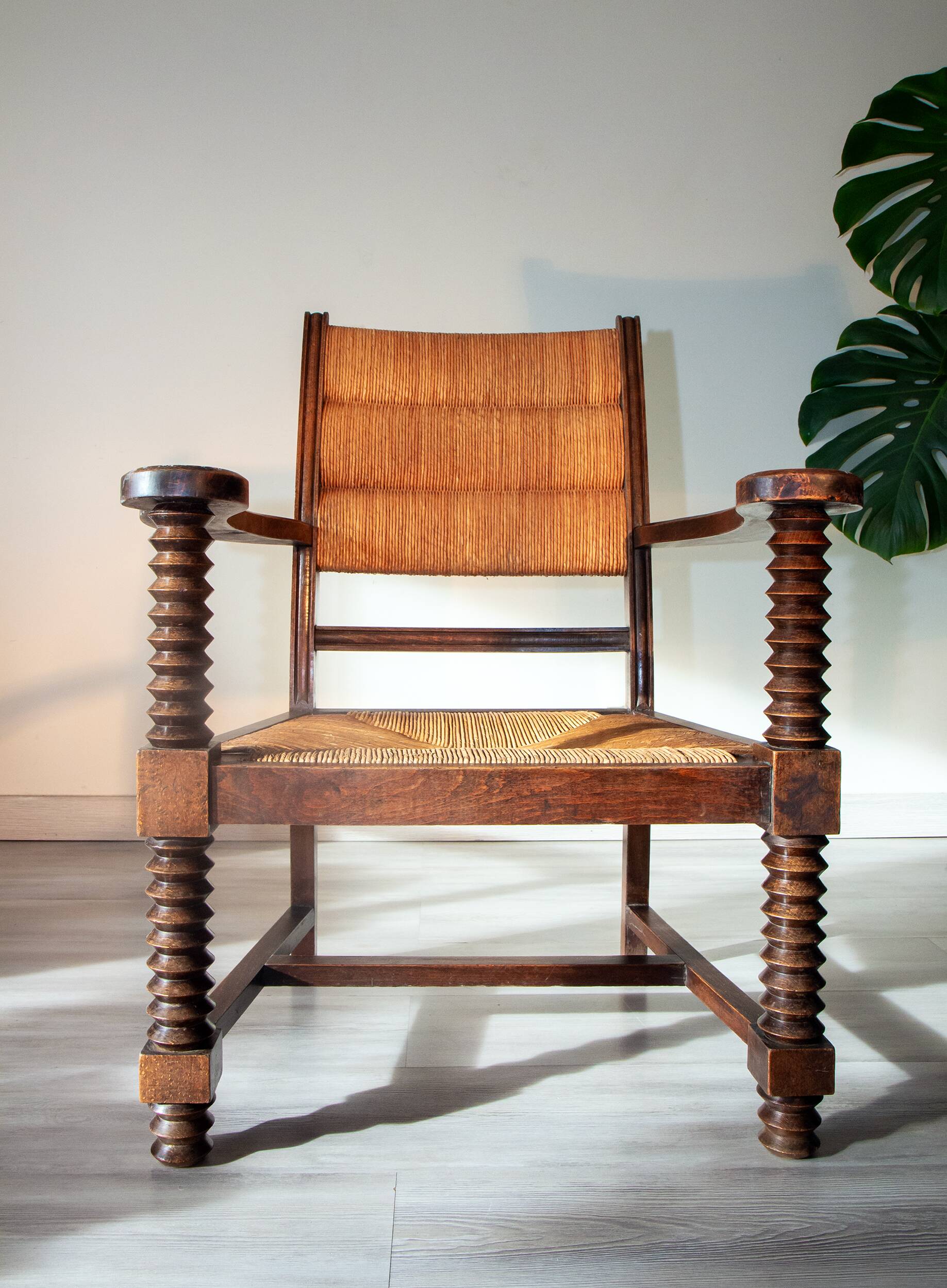 Armchair in oak and rush, brutalist style, designed by Charles Dudouyt, 1940s