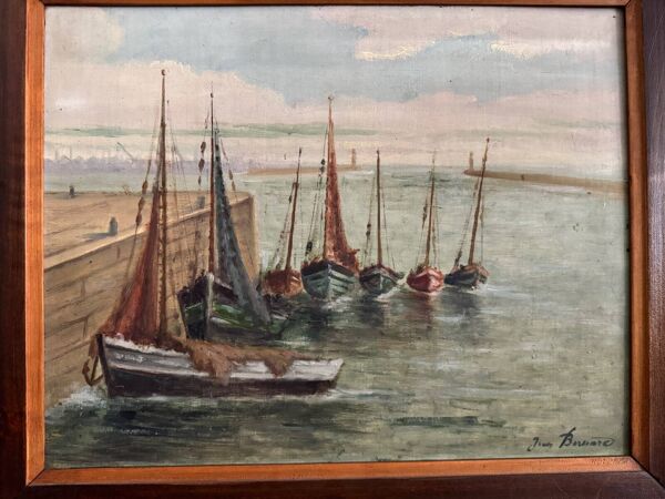 Huile sur panneau XXe bateaux de pêche par Jean Bernard Saint-Nazaire