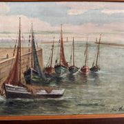 Oil on panel 20th century fishing boats by Jean Bernard Saint-Nazaire