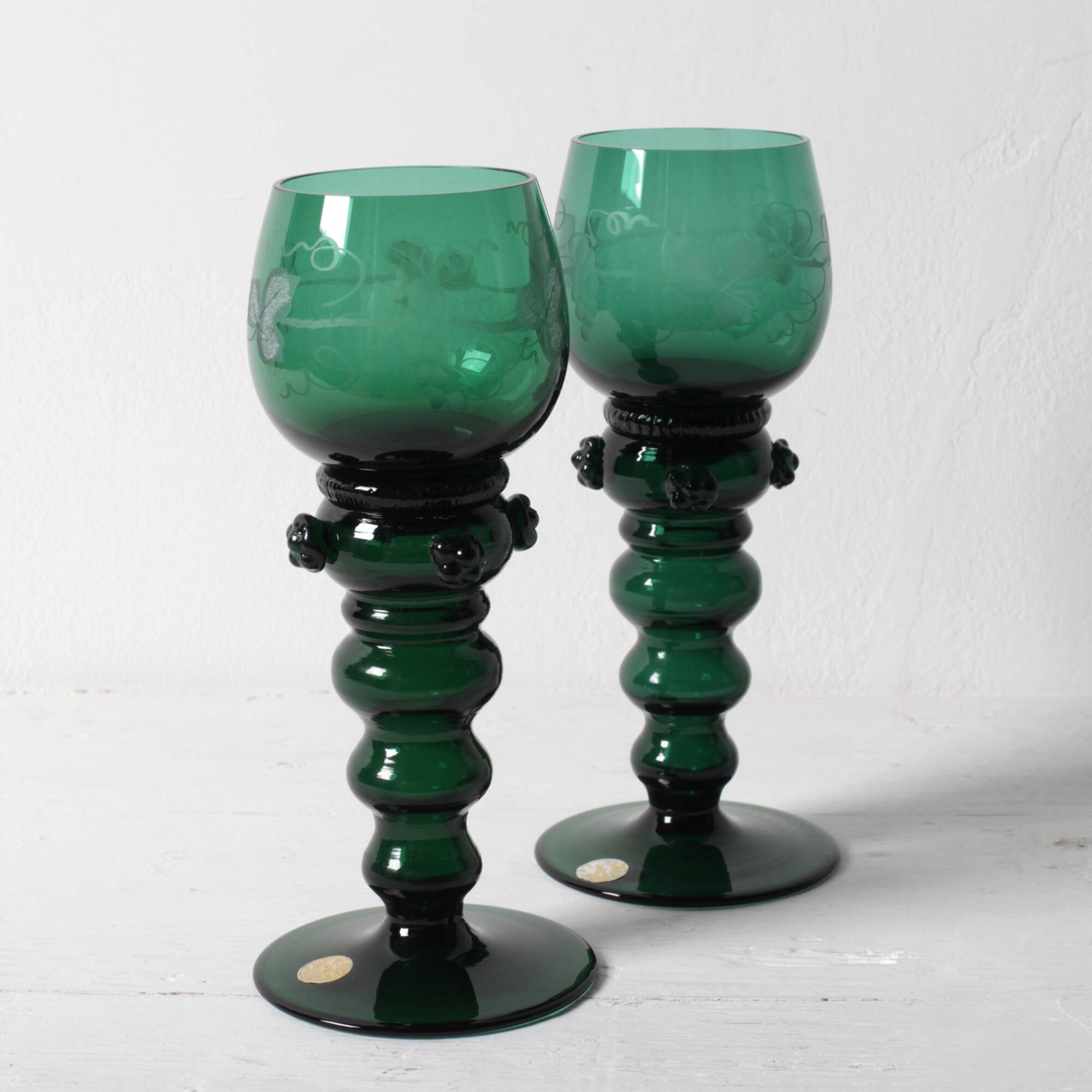 Vintage Emerald Green Wine Stem Crystal Glasses Remmare / Germany / 1960s