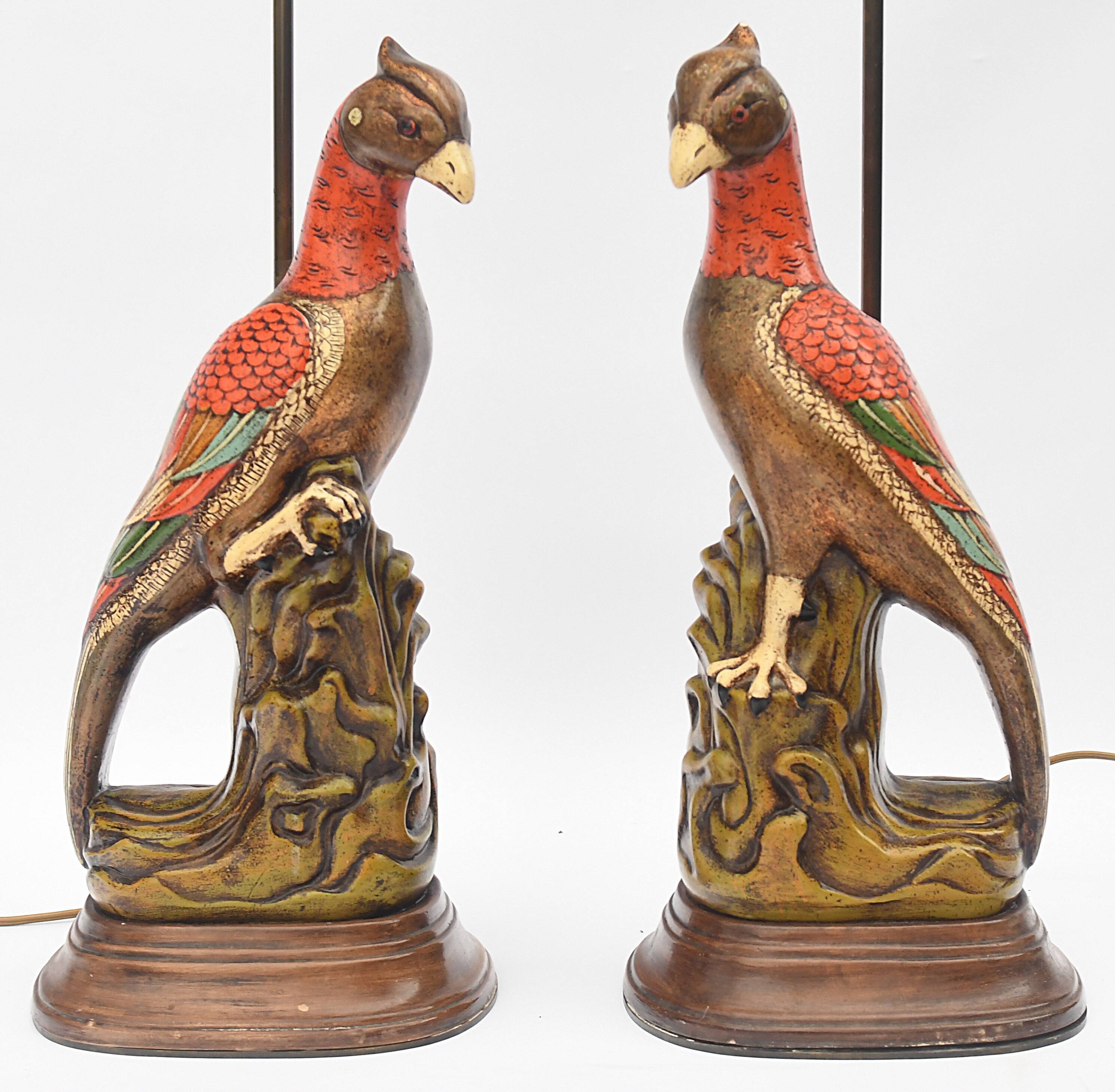 Pair of ceramic parrot lamps