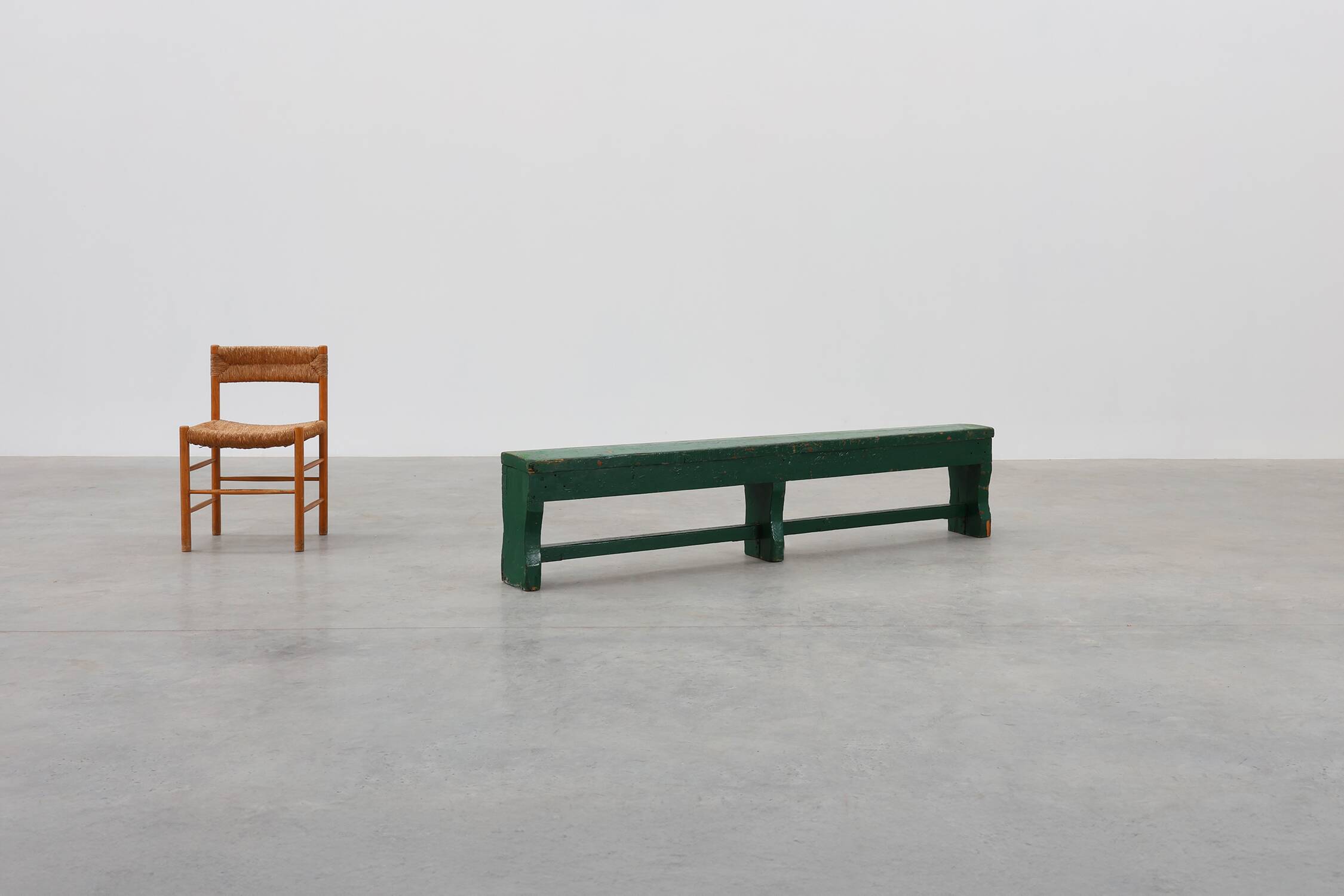 Rustic primitive green farmhouse bench in solid oak, France ca. 1900