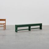 Rustic primitive green farmhouse bench in solid oak, France ca. 1900