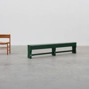 Rustic primitive green farmhouse bench in solid oak, France ca. 1900