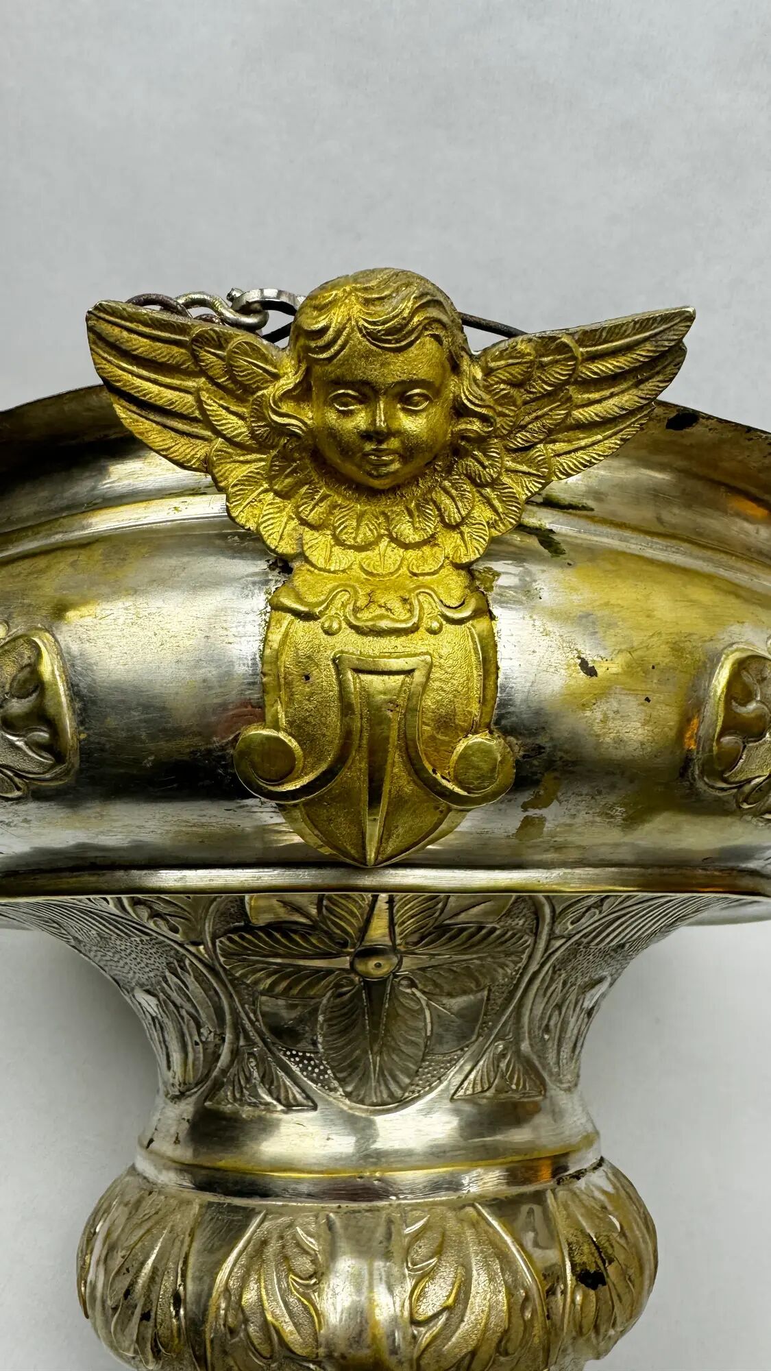 Ancient sanctuary lamp, silver-plated brass, winged angel, 130 cm.