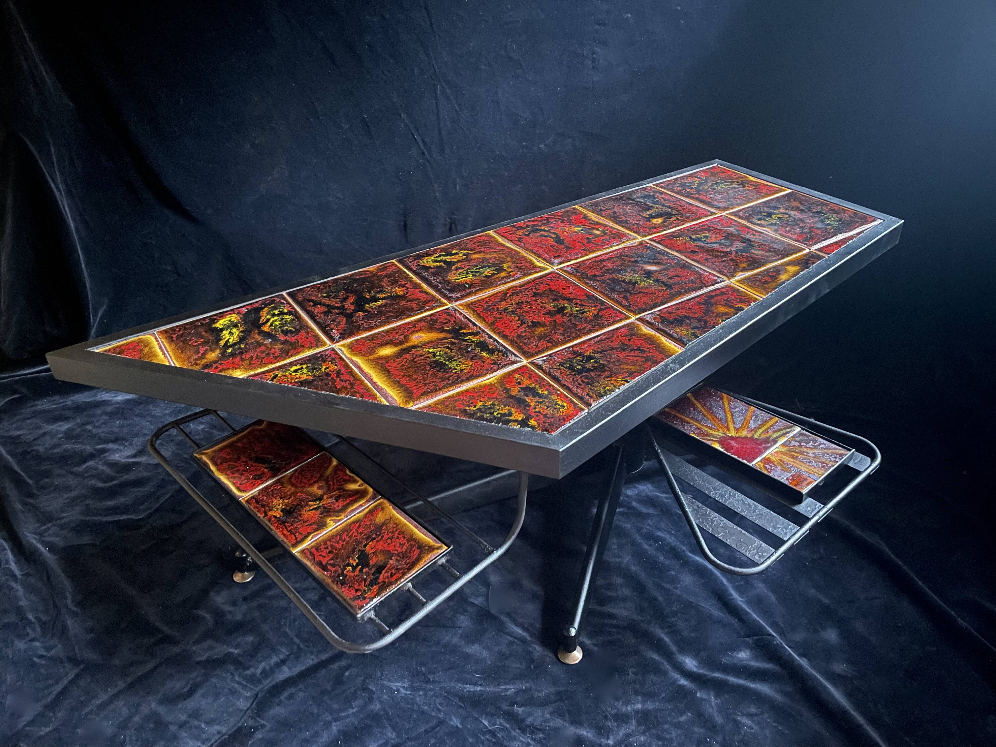 Table signed "La Roue/Vallauris", metal/ceramic, 1970s.